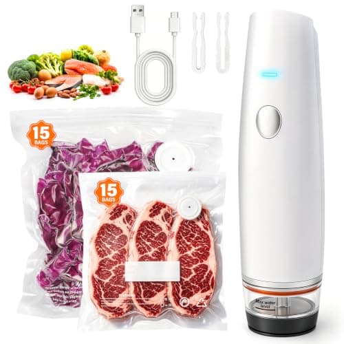 -80kPa Compact Vacuum Sealer for Food (Vacuum Sealer Machine + 30 Reusable Bags), 1200mAh Rechargeable Handheld Vacuum Sealer Machine Portable Mini Food Sealer for Sous Vide & Meal Prep-cold white