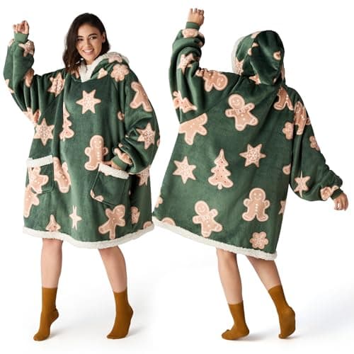 Bedsure Wearable Blanket Hoodie, Sherpa Hooded Blanket Printed for Adult & Kids as Gifts for Women, Mom Gifts Sherpa Hoodie, Standard, Gingerbread, Olive Green