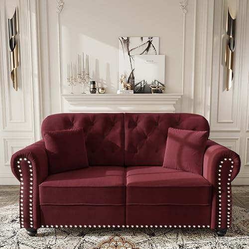 KEIKI 63" Velvet Chesterfield ...bly, for Living Room, Burgundy