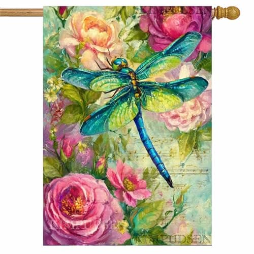 Dragonfly Spring Flowers House Flag 28x40 Inch Double Sided, Colorful Floral Welcome Yard Outdoor Flag for Outside Seasonal Decoration