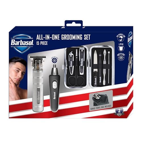 Barbasol Grooming Kit for Men, 15 Piece Men’s Grooming and Manicure Travel Set, Includes a T-Blade Trimmer, Nose & Ear Trimmer, 2 Nail Clippers, Cuticle Scissors, File, & More, Perfect for Travel