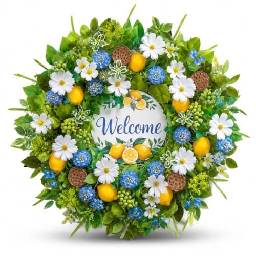 Spring Summer Wreaths for Front Door 24 Inch,Summer Wreath with Artificial Lemon,Daisy,Hydrangea & Lotus Pods,Door Wreath for Indoor Outdoor Farmhouse Home Decor