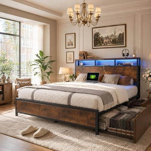 Garvee Queen Bed Frame with St...x Spring Needed, Vintage Brown
