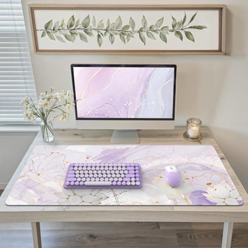 iCasso Desk Cover Mat, Extra Large Lotus Mouse Pad, Desk Pad Mat,Office Matt for Desktop Protector, Anti-Slip XXL Big Mousepad with Stitched Edges for Laptop Computer Keyboard(Purple Lotus Leaf)