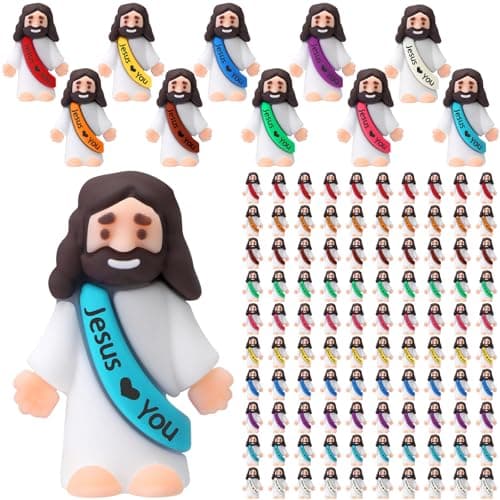 Bememo 100 Pcs Little Jesus Figures Jesus Loves You Original Design Pocket Rubber Little Figures to Hide and Seek Sunday Religious Party Share Easter Gifts(Vibrant Color)