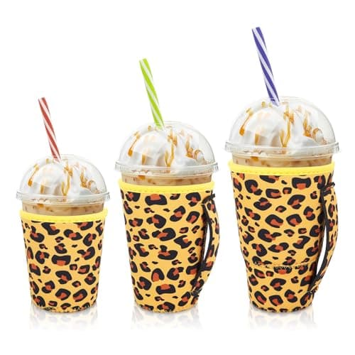 AJLTPA Iced Coffee Sleeve Insulator Sleeves for Cold Drinks Beverages, 3 Pack Reusable Neoprene Cup Sleeve with Handle for 16-32oz Coffee cups(Cheetah Print)