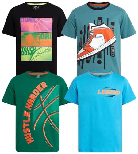 Pro Athlete Boys Athletic Shirts - 4 Pack Soft Cotton Blend Active Performance Crew Neck Short Sleeve Graphic Tees, Size 8, Green/Turquoise/Teal/Black