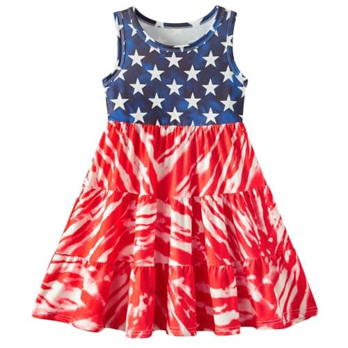 Lovekider Girls 4th of July Tie Dye Sleeveless Tiered Dress 5 Years 250 Anniversary American Flag Stars Stripes Ruffle Sundress for Little Kids Patriotic Summer Swing Dress for Independence Day