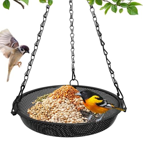 VIHSIPR Hanging Bird Feeder for Outdoors – 9 in Metal Mesh Bird Feeder Tray Platform for Finches, Chickadees & Small Birds, Black