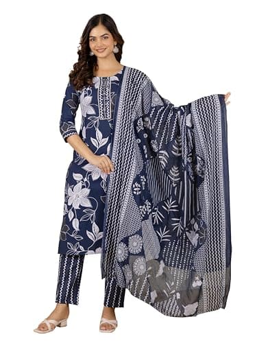 TRENDMALLS Women's Pure Cotton Embroidery Work Printed Kurta Pant with Dupatta Set (G405-Blue-M)