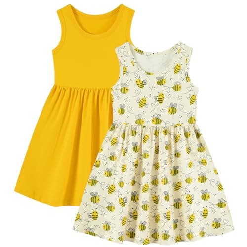 Funnycokid Toddler Girls Dress Size 5 6 Sleeveless 2 Pack Kids Summer Sundress Clothes Bee Yellow 5-6 Years