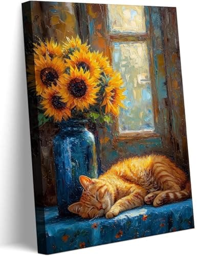 QQL Sunflower Cat Canvas Wall Art Cute Animal Wall Decor Picture Eclectic Still Life Painting for Living Room Bedroom Office Decoration Ready to Hang