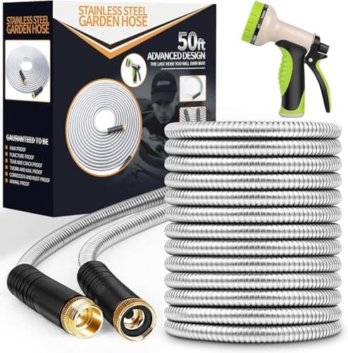 Amazon US, 42% OFF - Heavy Duty 50 ft Stainless Steel Water Hose with 10 Function Nozzle