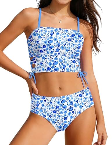 Boiltcat Girls Swimsuit Size 12-14 Girl Bathing Suit Floral Print Cut Out Side Adjustable Spaghetti Straps Blue Girl 2 Piece Swimsuit