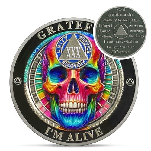Rainbow Skull 30 Year Sobriety Coin - Grateful I'm Alive AA Coins - Recovery Addiction NA AA Chips and Medallions - 1-30 Years Living Clean Narcotics Alcoholics Anonymous Gifts for Men Women