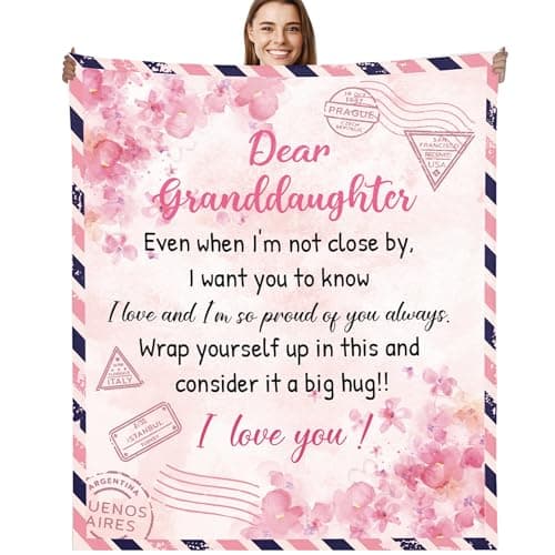 Granddaughter Gifts from Grandma Throw Blanket, Pink Floral Love Letter Postcard Design Soft Cozy Fuzzy Flannel Blanket, Christmas Birthday Gift for Granddaughter (50" x 60")
