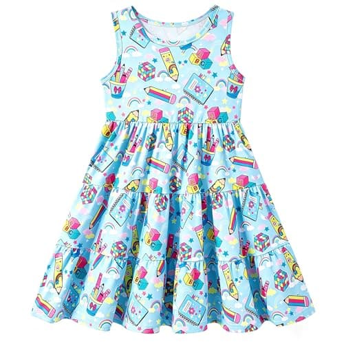 Lovekider Little Girls Back to School Dress 5T Colorful Stationery & Rainbow 3D Print Sleeveless Tiered Dress for Kids 5 Years Old Blue