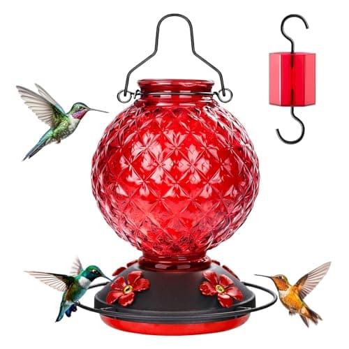 Tegarbed 25 OZ Glass Hummingbird Feeder for Outdoors, Leak Proof Hummingbird Feeder with Ant Moat, 4 Bee Resistant Feeding Ports, Easy Clean Wide Mouth Design, 360° Perch, Hanging Nectar Feeder, Red