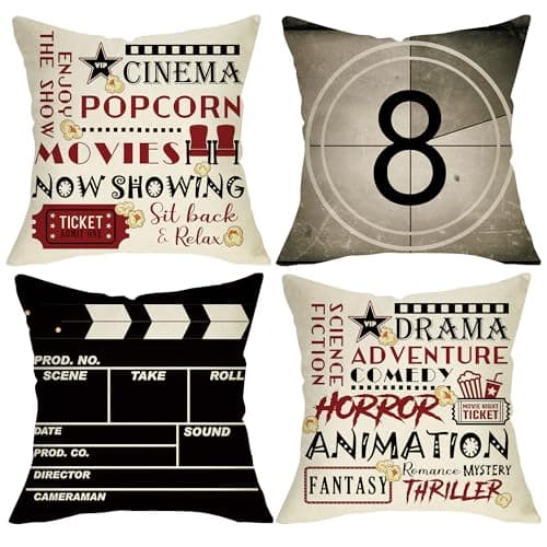 Fjfz Vintage Movie Theme Decorative Throw Pillow Covers 18 x 18 Set of 4, Retro Cinema Ticket Popcorn Film Clapper Board Porch Outdoor Home Decor, Theater Sofa Couch Cushion Case Movie Lover Gift