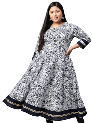 Yash Gallery Women's Plus Size Cotton Floral Print Anarkali Kurta (Indigo Blue)