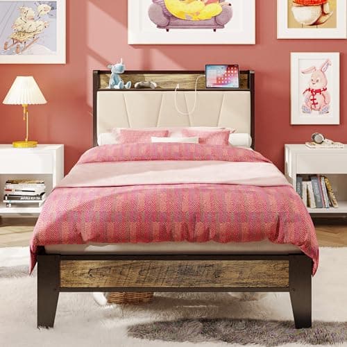 LIKIMIO Twin XL Bed Frames, St...sy Assembly (Walnut and Beige)