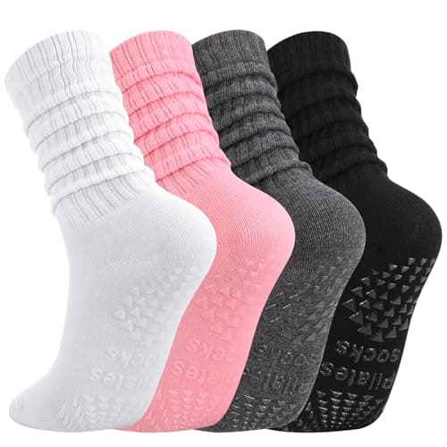 Jspupifip 4 Pairs Pilates Slouch Socks for Woman Scrunch Socks Long Cotton Non Slip Slouch Yoga Calf Sock Slipper for Barre Workout Hospital