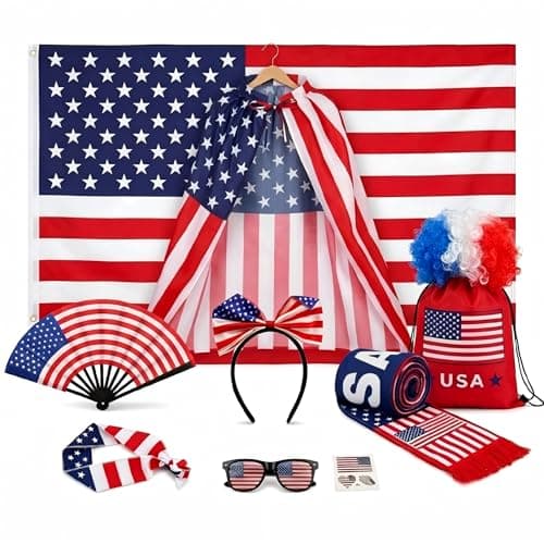 Mlnopi USA Soccer Fan Kit - 10 Piece Patriotic Cheer Bundle with American Flag, Cape, Wig, Scarf, Sunglasses & Accessories - All-in-One Outfit for 2026 Soccer & 4th of july