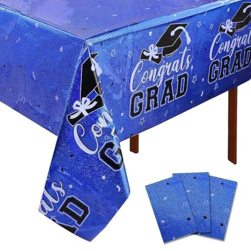Sparkling Graduation Tablecloth Decoration 2026, 3CT Blue Gongrats Grad Holographic Laser 9FT Tablecover for Graduation Party Supplies, Class of 2026, Disposable Shimmering Plastic Table Cloths