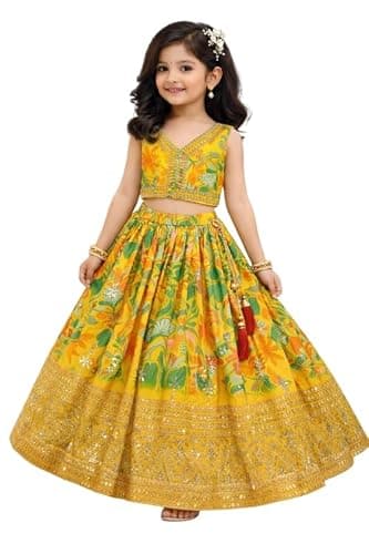 Traditional Indian Ethnic Girls Lehenga Choli Set,Faux Georgette with beautiful sequence work for girl. (yellow, 10-11 years)