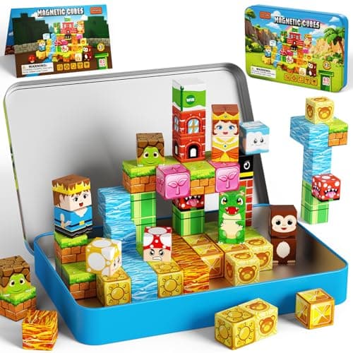 Zerxpho 60PCS Mini Magnetic Building Cubes Set, Adventure-themed Magnetic Blocks, Portable Magnetic Travel Blocks with Iron Case, Educational Toy for Kids STEM & Construction Learning for Kids Aged 3+