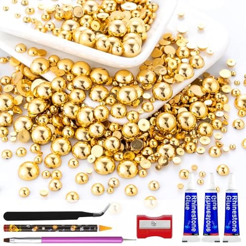 60g Gold Flatback Half Round Pearls Mixed Size 3-10mm Resin Craft Beads for Nail Art, Face Gems, DIY Jewelry Making