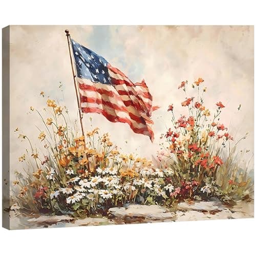 4th of July American Flag Wildflower Canvas Wall Art 8x12in, Framed Patriotic Prints Pictures for Bedroom, Vintage Farmhouse Wall Decor Artwork for Living Room Office Home, Made in USA