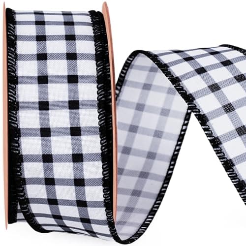 LaRibbons Gingham Burlap Ribbon Wired 1 1/2 Inch x 10 Yards, Black Check Plaid Ribbon for Wreaths, Gift Wrapping, Bows, Party Crafts