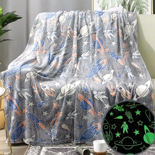 Famitile Glow in The Dark Astronaut Blanket Glowing Rocket Spaceship Planets and Stars Throw Blankets Luminous Gifts for Kids Toddler Boys Girls (Glow Astronaut, 50"x 60")