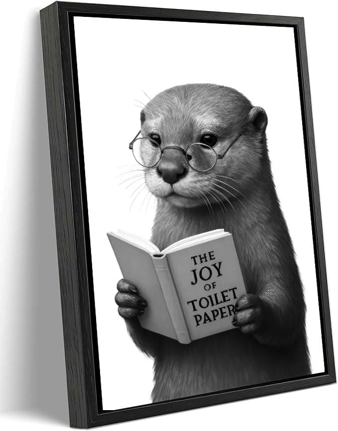 KLXCAJAM Funny Otter Bathroom Wall Art Humorous Animal Black and White Canvas Wall Decor Cute Otter Reading Painting Pictures Minimalist Print Artwork for Toilet Restroom Home Decoration 8x10in Frame