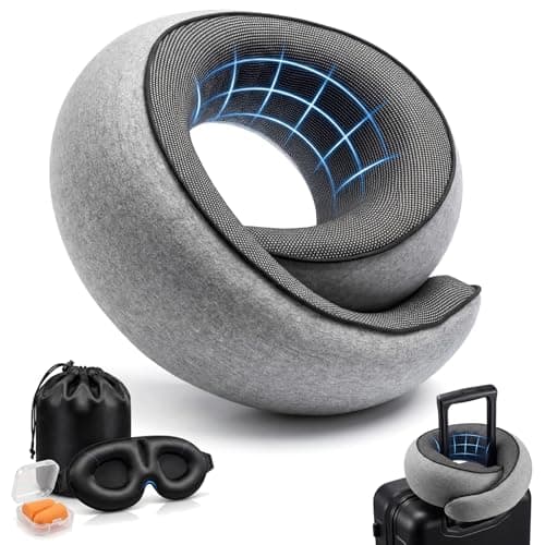 chufa Memory Foam Neck Travel Pillow – 360° Adjustable Support, Breathable Washable Cover, Eye Mask & Earplugs, Carry Bag – Compact Airplane Pillow for Plane/Car/Train/Office (Grey) (Grey)