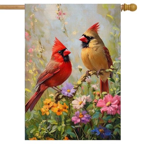 Spring Cardinal Birds House Flag 28x40 Inch Double Sided, Burlap Large Colorful Flowers Yard Flag for Summer Farmhouse Holiday Outside Outdoor Decorations
