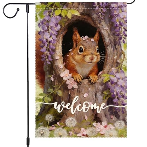 Welcome Garden Flag 12x18 Inch Double Sided with Squirrel, Wisteria, Dandelions, and Flower Petals Burlap Spring Outdoor Yard Decoration