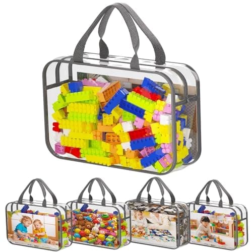 Toy Zippered Blocks Set Storage Bags for boy girls - 4PC Large PVC Storage Organizer Bags with Mesh Side Pockets for Puzzle, Clay, Book, Small Models and Mini Plush Toys (Dark Grey, 4PACK Large)