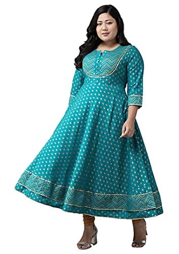 Yash Gallery Women's Cotton Blend Floral Print Anarkali Kurta (Blue)