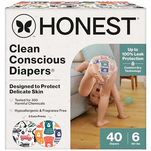 The Honest Company Comfort Dry Disposable Daytime Diapers, Hypoallergenic, Fragrance-Free, Sensitive Skin, Beary Cool + Big Trucks, Club Box Size 6 (35+ lbs), 40 Count
