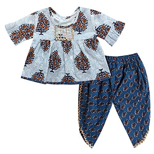Superminis Cotton Baby Girls Jaipuri Print Frock Style Kurti With Frill Sleeves And Dhoti Style Salwar With Elastic Closure Ethnic Dress (Blue, 3-4 Years)