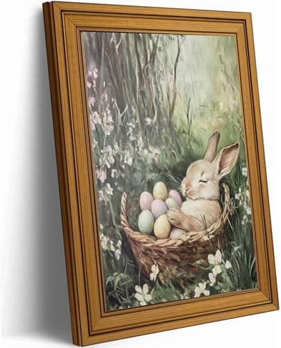 Rienkhu Vintage Easter Rabbit Canvas Wall Art Print Coloured Eggs and Bunny Painting Picture Farmhouse Home Wall Decor for Bedroom Room Living Home Decoration 12x16in