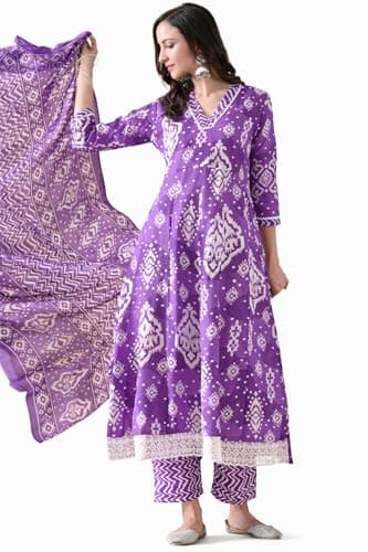 Women's Printed Rayon Anarkali Floral Printed Straight Kurta Pant with Dupatta Set (US, Alpha, Small, Regular, Regular, Purple)