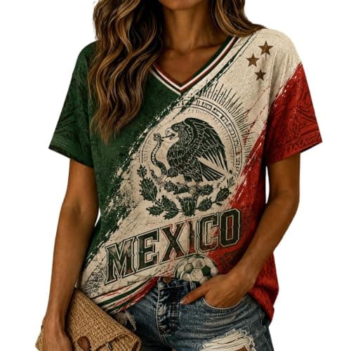 Shiketong Mexico Jersey for Women Soccer Cup 2026 T Shirts World Soccer Fans Jersey Short Sleeve V-Neck Merican Graphic Print Tee Jerseys