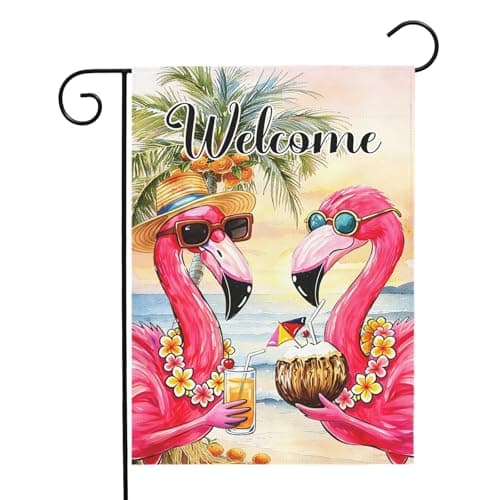 Dacawin Welcome Garden Flag Flamingo Tropical Beach Scene Yard Flags Summer Coastal Island Double Sided Polyester Pink Flamingo House Banner for Lawn Pool Palm Tree Seaside Home Decor 12 x18 Inch
