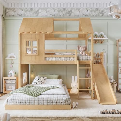 KEIKI Twin over Full Size Hous...Assembly, for Bedroom, Natural