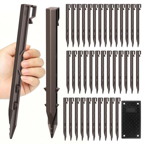 Ruppence Garden Stakes, Landscape Edging Stakes, Plastic Ground Stakes with Non-Slip Top, Side Clips, Bottom Spikes & Anti-Pull Out Barbs, Includes Protective Hitting Plate, Brown, 20 Pack