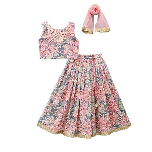 DREAMANGEL FASHION Girls Wedding Ethnic Western Wear Rayon Printed Readymade Traditional Lehenga Blouse And Dupatta Choli (Multicolour, 9 Years - 10 Years)