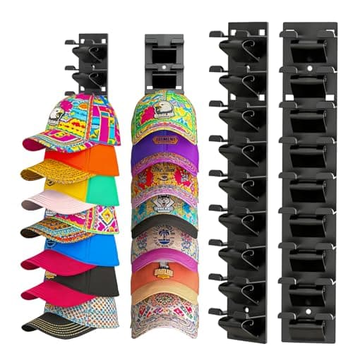 Qeuhehdi 4 Pack Hat Organizer for Baseball Caps,Strong Adhesive or Screws Hat Rack for Wall,Hat Hanger Holder for 36 Caps,Multilayer Cap Storage Hooks for Closet Door and Bedroom,Black